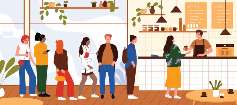 Long queue of people waiting for coffee from barista in coffee shop interior. Diverse group of characters standing in row, man behind counter serving hot drink for customers vector illustration