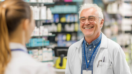 Smiling senior pharmacist assisting patients pharmacy portrait indoor close-up