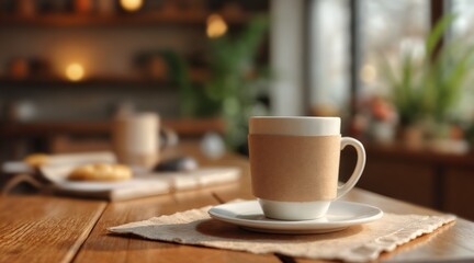 Coffee cup design mockup in ambient coffee shop interior