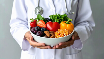 healthcare professional wearing a white lab coat holding a white bowl filled with healthy food