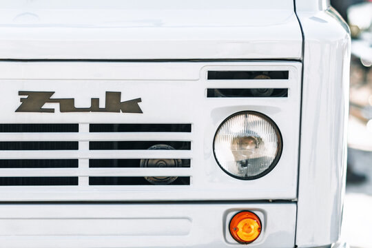 POLAND, ELBLĄG 11 MAY 2025: Żuk Polish Vintage Van Front with Headlight and Grille Close-Up