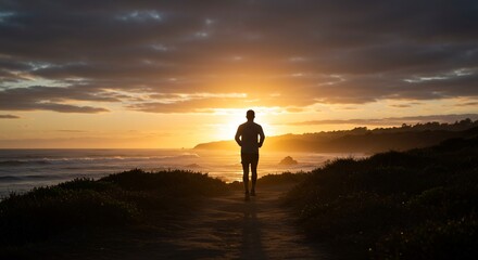 Silhouette of a person running on the beach at sunset by the sea