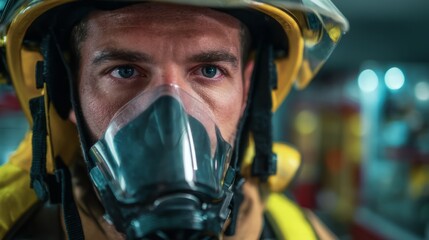 Fototapeta premium Brave firefighter in full protective gear facing intense flames