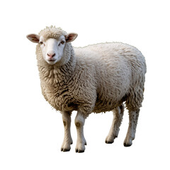 Obraz premium White fluffy sheep standing isolated on transparent background, livestock animal, farm wool mammal.