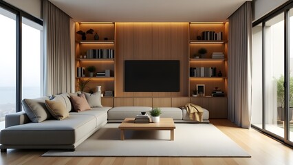 Fototapeta premium Minimalist elegance redefined this space blends clean lines, neutral tones, and natural elements for a refreshing home vibe. With floor-to-ceiling windows and a harmony of textures.