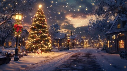 Festive Christmas Scene with Decorated Tree and Snow-Covered Town at Night