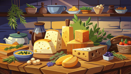 Assorted cheeses displayed on a rustic wooden board with herbs in a cozy kitchen setting