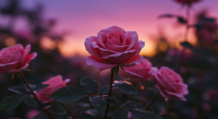 Obraz premium Vibrant Roses Glowing Under Soft Dusk Sky
