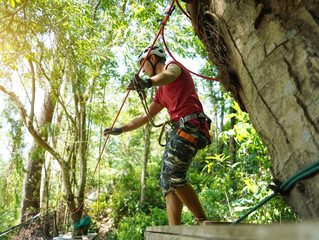 A man is walking across a challenging ropes course in the extreme park