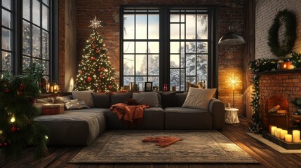 Inviting Holiday Living Room with Decorated Christmas Tree and Cozy Fireplace