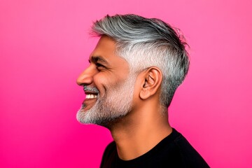 Fototapeta premium Elegant men's undercut haircut - midlife indian man with middle hair. A serene and handsome man posing in style. Pink solid background. Visual idea visual design of style for aging men.
