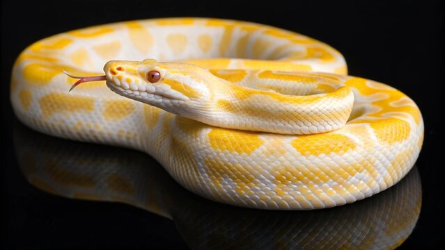 A close-up of a stunning albino snake, likely a python, coiled on a dark reflective surface, showcasing its distinctive yellow and white patterned scales and red eyes, symbolizing reptile, snake