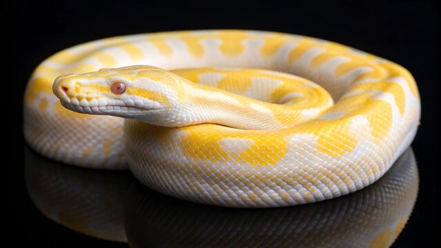 Head and body shot of an albino snake, highlighting its unique coloration, patterned scales, and intense red eyes against a dark background, perfect for themes of reptiles and rare animals.
