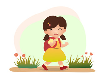 cute school girl child happily going to school vector