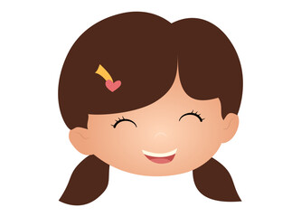 A girl's head is shown with a hair accessories in a simple cartoon style. The cheerful young girl face is beaming with joy and happiness.