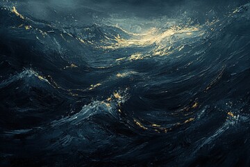 oil painting illustration of a moody seascape in dark blues and blacks with streaks of gold leaf catching light, surrounded by textured brushstrokes and soft highlights, dynamic composition