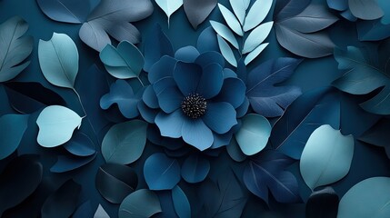 Intricate design of paper flowers and leaves in shades of blue.