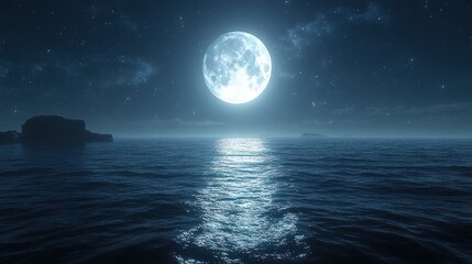 Serene Night Seascape: Full Moon over Tranquil Ocean