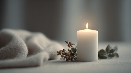 serene minimalist christmas corner featuring single glowing candle surrounded by subtle decorations