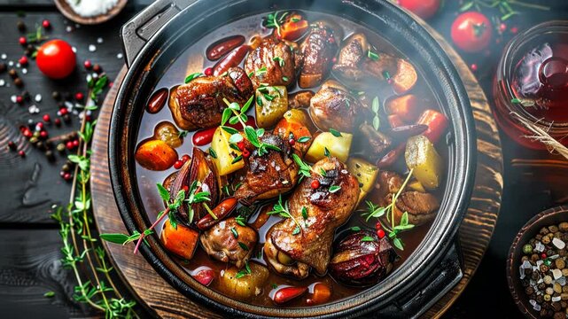Rich and hearty coq au vin stew in cast iron pot