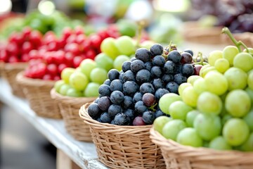Fresh grape assortment in woven baskets abundant display of colorful fruits