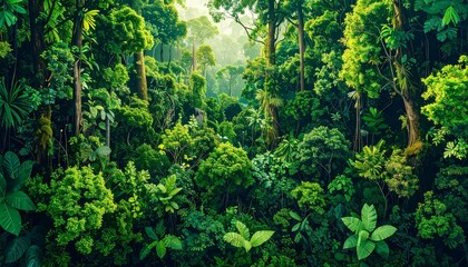 Fototapeta premium Lush Rainforest Canopy, Sunlight Dappled