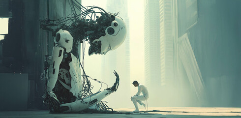 A man attempting to destroy modern technology and prevent the rise of robots and artificial intelligence. Generated image