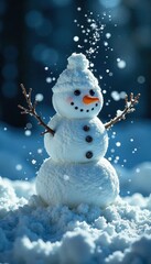Fototapeta premium Snowman dissolving in water droplets surrounded by frosty glass , melting, dissolve