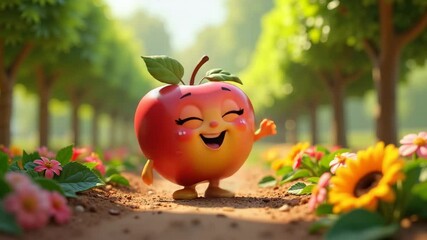 Cartoon apple with big eyes says hello with joyful mood cutely dancing against a tulip field backdrop