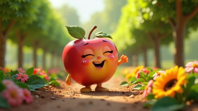 Cartoon apple with big eyes says hello with joyful mood cutely dancing against a tulip field backdrop