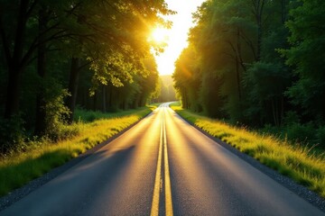 Obraz premium Golden Sunlight Illuminates a Scenic Asphalt Road Through a Lush Green Forest Canopy at Sunset