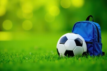 Naklejka premium Soccer ball and school bag side by side on green grass, outdoor, backpack