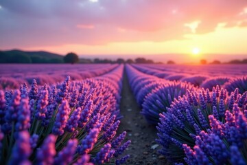 Obraz premium Soft lavender hue softly illuminates fields at dusk , peaceful, natural