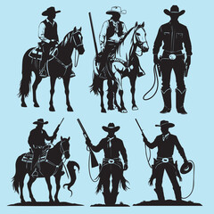 set of black various cowboys vector silhouettes isolated on white background