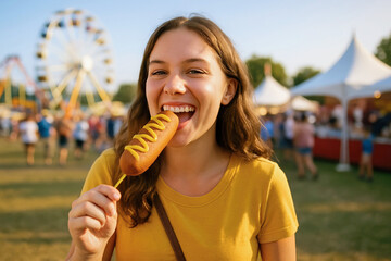 Young woman enjoying a delicious corn dog at a vibrant outdoor fair, with colorful rides and tents in the background, capturing the essence of summer fun and joy