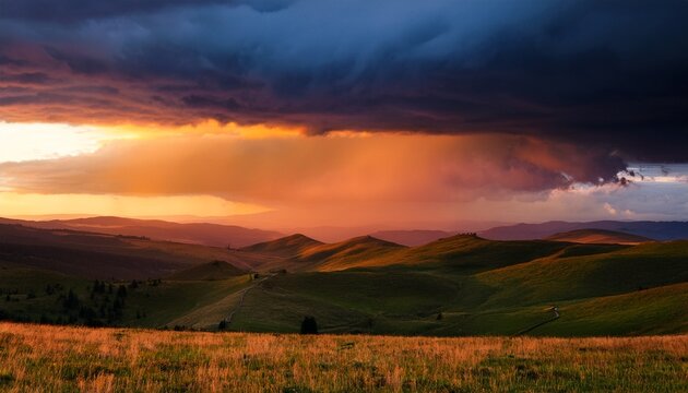 dramatic thunderstorm over rolling hills at dusk with moody clouds and fiery sunset colors in a beautiful landscape