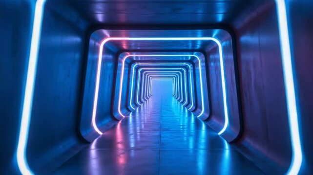 View inside of rectangular shaped underground tunnel with neon lighting. Design. Moving inside futuristic corridor.