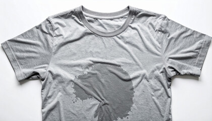 Sweaty grey T-shirt with visible wet patches laid flat on a white background