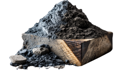 Charcoal Block: Close-up shot of a charcoal block, featuring texture and detail in a macro study of natural elements. A study in contrasts, showcasing the dark charcoal against the lighter wood.