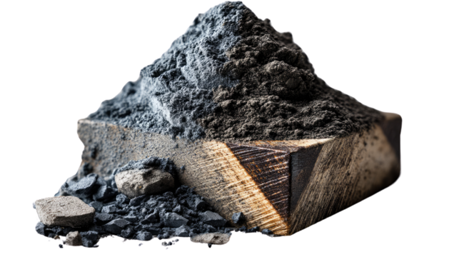 Charcoal Block: Close-up shot of a charcoal block, featuring texture and detail in a macro study of natural elements. A study in contrasts, showcasing the dark charcoal against the lighter wood.