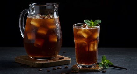 Iced coffee beverages in glass pitcher and glass