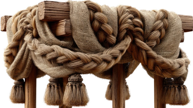 Woven Tapestry of Rustic Elegance: A close-up of intricately woven natural fiber rope adorning wooden posts, evoking a sense of timeless craftsmanship and earthy charm.