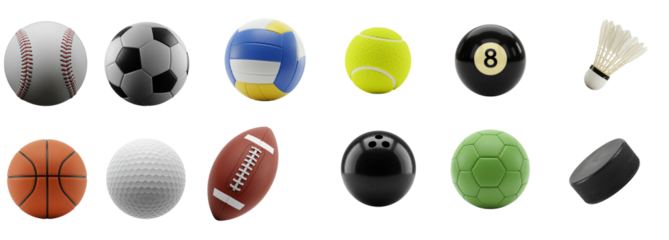 balls, football, basketball, volleyball, handball, golf, baseball, tennis, hockey and other sports