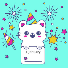 Flat vector illustration with cat, stars isolated fireworks 1 january event