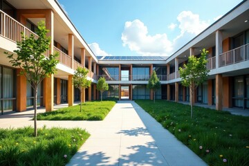 Solar panels integrated into modern school courtyard, building insulation, courtyard