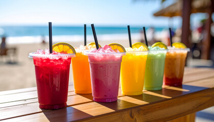 Colorful smoothies in plastic cups. Tasty summer drink. Delicious beverage. Blurred beach background