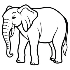 Fototapeta premium Cartoon elephant vector in black outline. Features big ears, a curly trunk, and a smiling face. Perfect for coloring pages, nursery prints, stickers, posters, printables, baby shower invites 