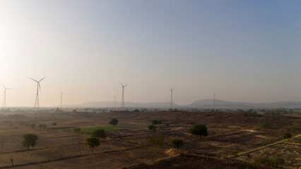 beautiful aerial view of Wind farm at sunrise.
