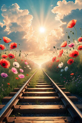 old railroad railway line leading through a meadow with poppies in bright day, poetic concept of railway and life path
