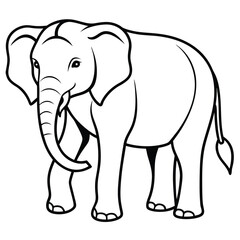 Fototapeta premium Cartoon elephant vector in black outline. Features big ears, a curly trunk, and a smiling face. Perfect for coloring pages, nursery prints, stickers, posters, printables, baby shower invites 